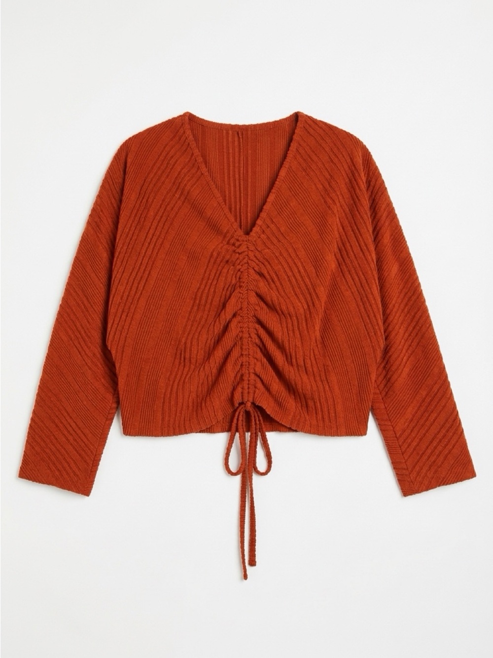 2 -white and burnt  orange SHEIN Rust Drawstring V-Neck Ribbed Knit Sweater